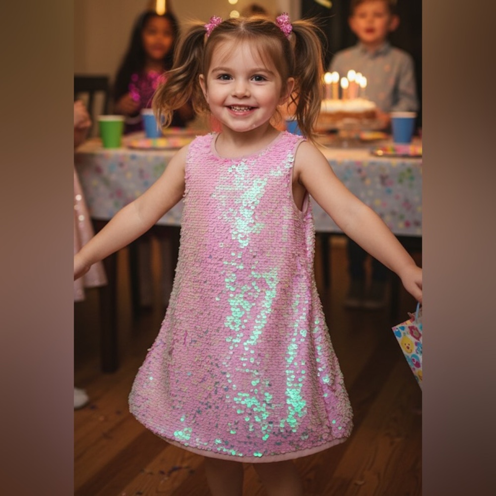 ✨ H&M Pink Iridescent Sequin Dress – Kids Girls 4-5T